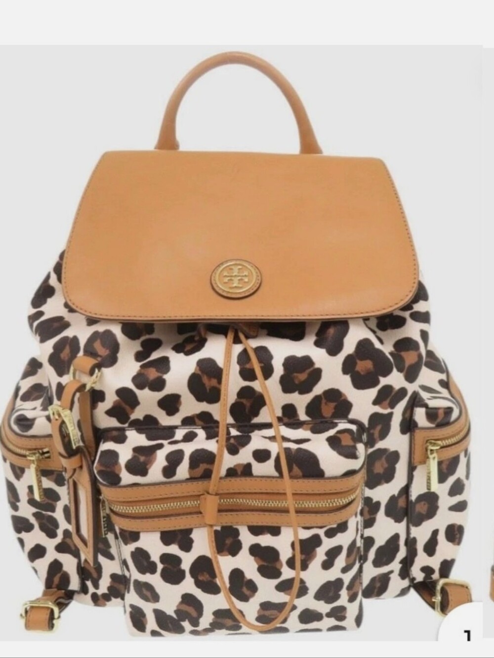 TORY BURCH Leopard Print Drawstring Backpack with Tan Trim